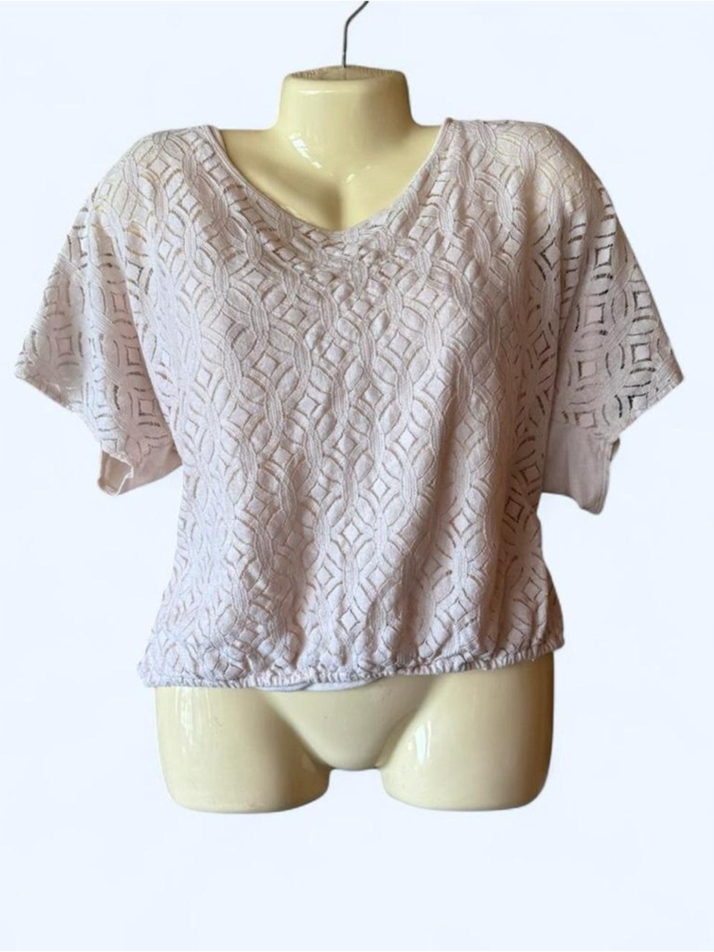 New York & Company Pale Pink Lace-Textured V-Neck Short Sleeve Top